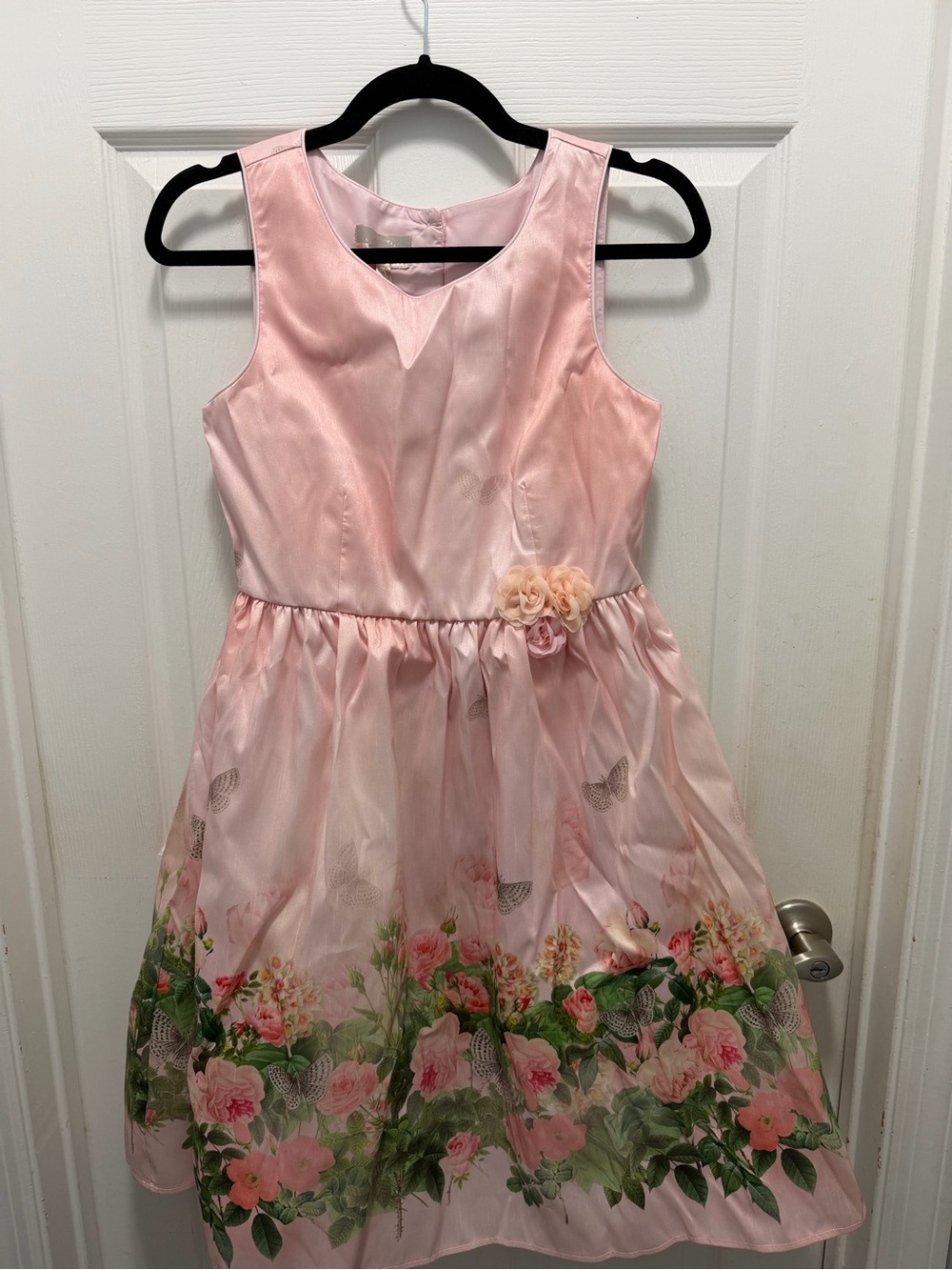 Pastourelle Pink Floral Satin Party Dress with Rosette Detail